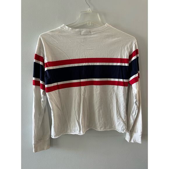 Forever 21 Top Women's Medium White Striped Long Sleeve Cropped Crewneck - Picture 4 of 5